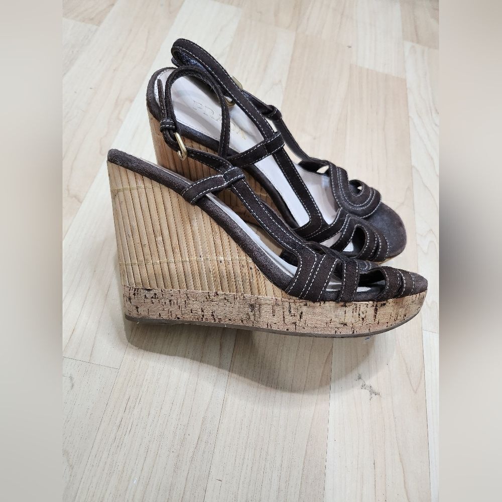 Prada Brown Brown Suede Bamboo Wedges‎